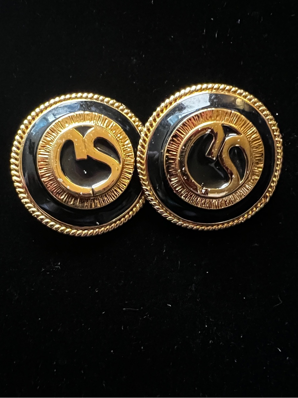 Vintage St John Gold Tone and Enamel Logo Clip Back Earrings